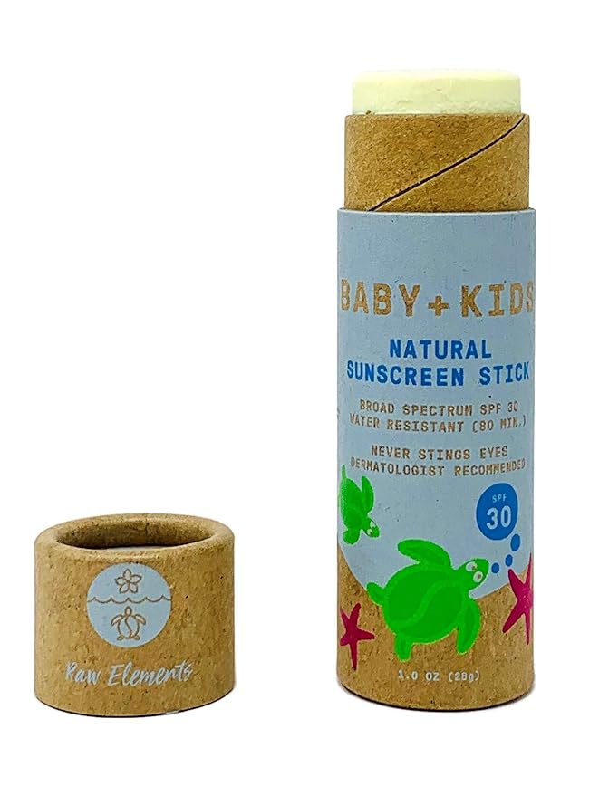 Raw Elements Baby + Kids SPF 30 Organic Sunscreen Zero-Waste Bundle with Lotion Tin 3oz, Lotion Stick 1oz and Hemp Drawstring Bag