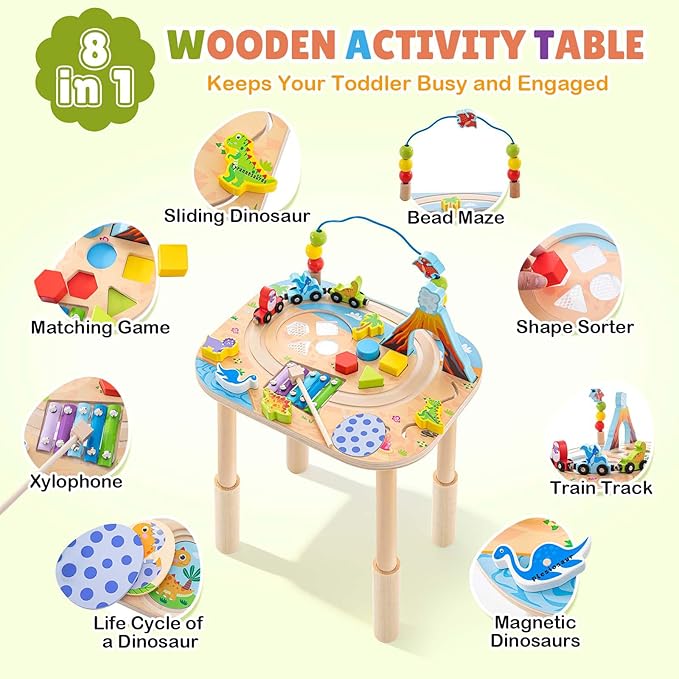 Activity Table for 1 Year Old with Two Height Levels,Wooden Sensory Play Table for Toddlers 1-3,8 in 1 Montessori Learning Toy with Bead Maze, Shape Sorter,Train,Gift for Baby Boys Girls (Dinosaur)