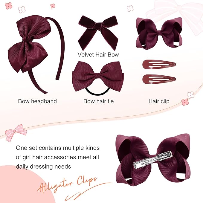 DEEKA Burgundy Uniform Hair Accessories Set, 15 Pieces - Hair Bows, Hair Clips, Headband, Hair Ties for Little Girls - School, Parties, Birthdays, Festive Celebrations