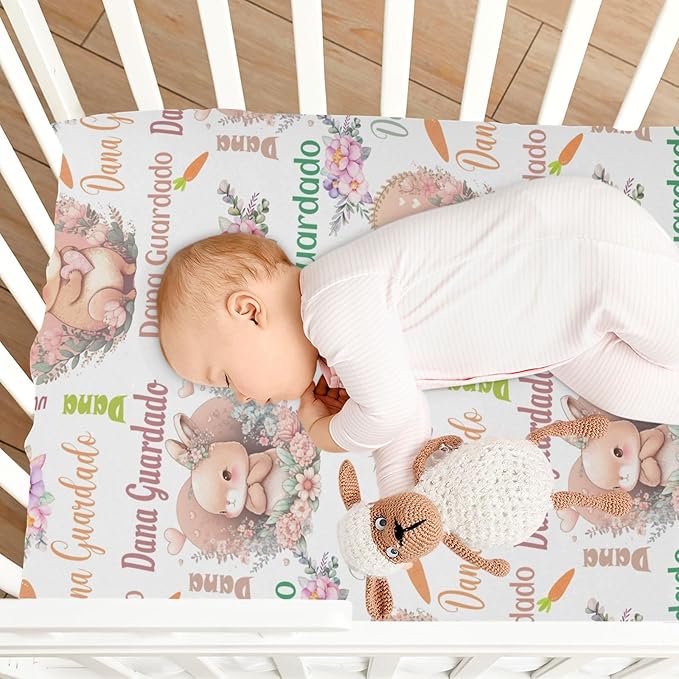 Personalized Pack and Play Sheets with Name, Custom Cute Bunny Rabbits Mini Crib Fitted Sheet for Baby Girls, Customized Multiuse Sheets for Pack & Play, Playard, Playpen, Mini Crib Mattress