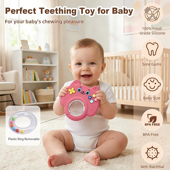 Teething Toys for Baby, Sensory Baby Chew Toy, Rattle Teether Toys for Babies 0-3-6-12 Months, Silicone TV Remote Control Shape for New Baby Gift (Pink)
