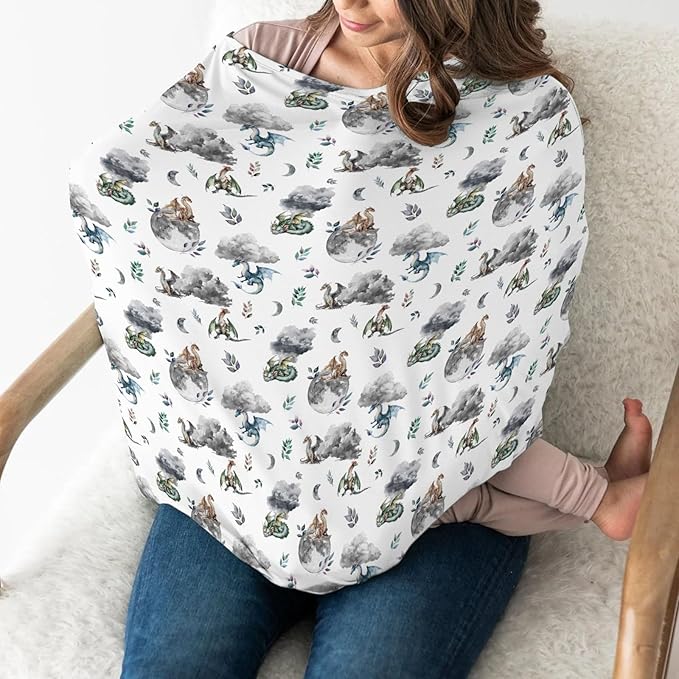 Watercolor Dragons Car Seat Covers for Babies Fairytale Dragon Wings Leaves Stretchy 5-in-1 Cover Adjustable Infant Carseat Cover Canopy Dragon Moon Clouds Breathable Nursing Cover-Up