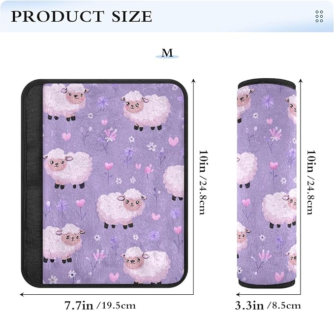 2 Pack Seatbelt Covers Seat Belt Cover Pad for Adults Boys Girls Car Seat Strap Covers Pads Cushion Universal Shoulder Strap Pad Protector for Backpack Camera Bag 6.5 Inch Purple Cute Floral Sheep