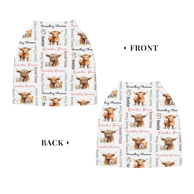 Personalized Car Seat Covers with Name, Highland Cow Baby Canopy Carrier Cover, Breathable Breastfeeding Nursing Cover, Stretchy Multi-Use Infant Carseat Stroller Cover