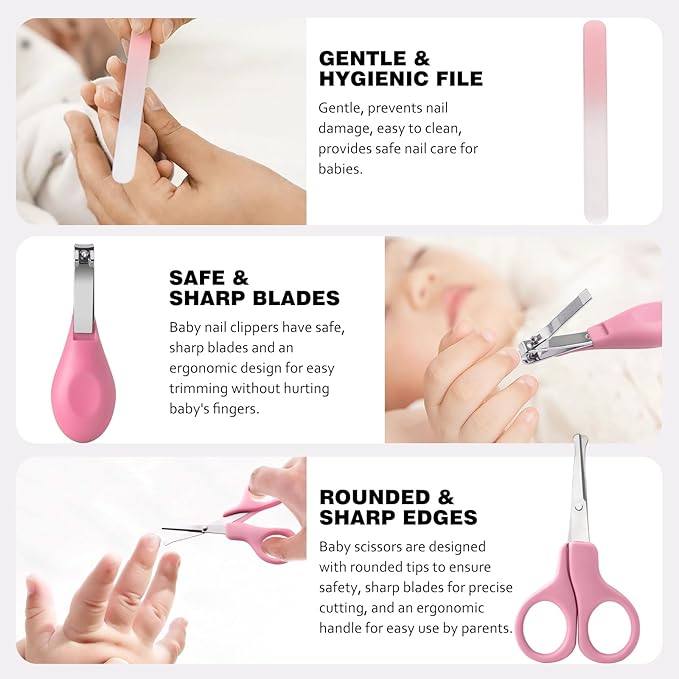 Baby Grooming Kit,Baby Health Care Kit,Baby Brush Soft Bristles 5 pcs Baby Nail Kit Nursery Care Kit Baby Hair Brush Hair Comb Nail Kit Safety Cutter Nail Clipper Set Pink