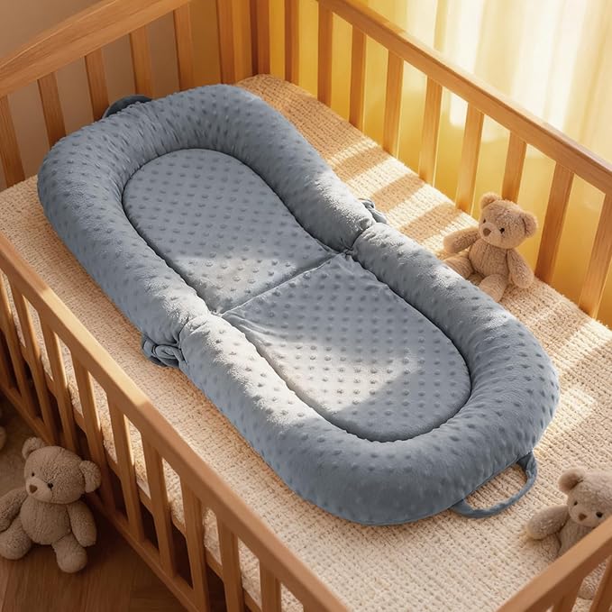 Baby Lounger, 3-in-1 Portable Infant Lounger for Newborns 0-24 Months, Foldable Tummy Time Pillow and Sitting Seat with Removable Cover, Dual-Sided 100% Cotton and Velvet, Ideal Baby Shower Gift