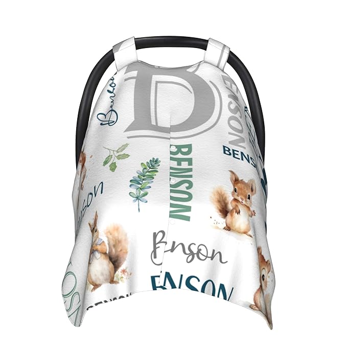 Personalized Winter Car Seat Covers for Babies with Name Squirrel Minky Baby Car Seat Cover for Boys Girls Custom Infant Carseat Covers Baby Blanket Nursing Cover Breastfeeding Scarf