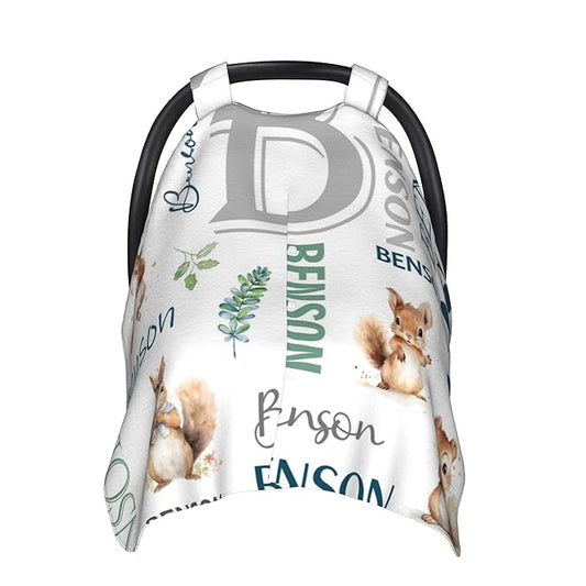 Personalized Winter Car Seat Covers for Babies with Name Squirrel Minky Baby Car Seat Cover for Boys Girls Custom Infant Carseat Covers Baby Blanket Nursing Cover Breastfeeding Scarf