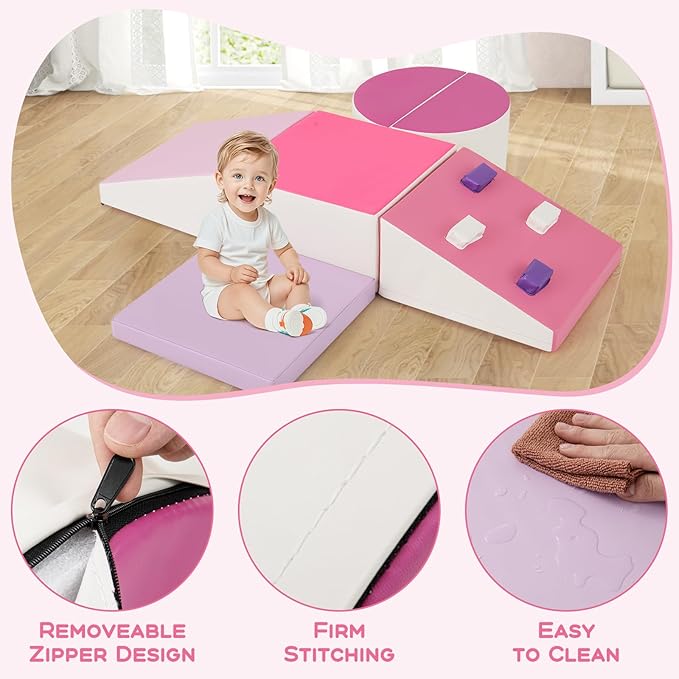 Olakids Climbing Toys for Toddlers, 6 Pieces Baby Foam Blocks Soft Play Set with PU Leather, Indoor Kids Climb and Crawl Sliding Activity Structure Gym Playground Climber (Peach)