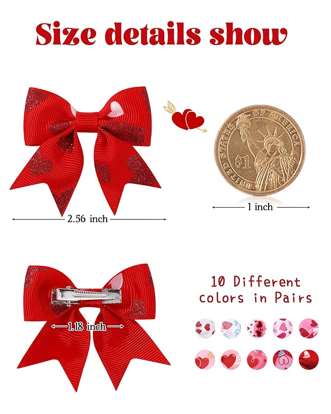 Jollybows 20pcs Baby Hair Clips Girls Bows Love Heart 2" Mini Alligator Clip Toddler Pigtail Bow Fine Hair Clip Valentine Hair Accessories