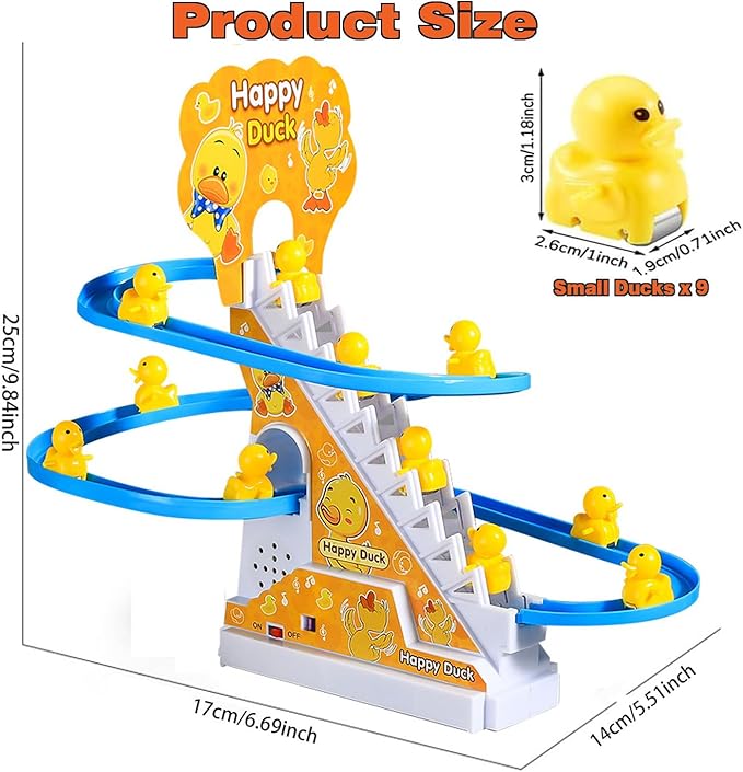 Small Ducks Climbing Toys, Electric Llittle Duck Climbing Stairs Toy, Funny Duck Roller Coaster Track with 9 Ducks LED Lights & Music Button, Small Duck Slide Toy for Children Kids and Baby