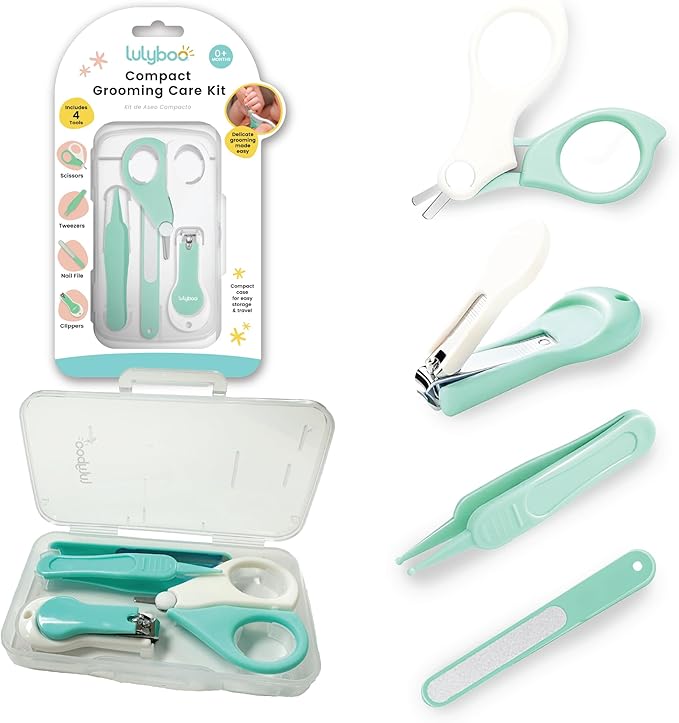 Lulyboo 4-in-1 Newborn Baby Grooming Kit - Compact Travel Case, Stainless Steel Nail Clipper, Rounded-Tip Scissors, Nail File & Baby Tweezers, BPA-Free, Wipe-Clean Exterior, Durable & Portable
