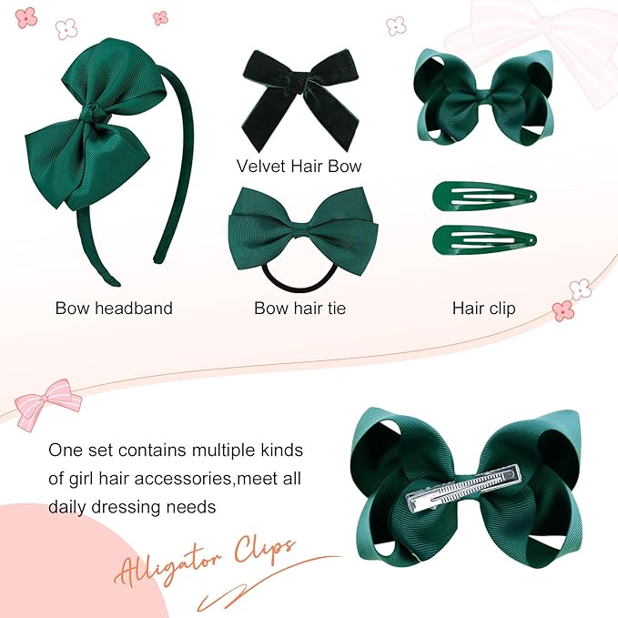 DEEKA Dark Green Uniform 15 Pieces Hair Accessories Set - Hair Bows, Hair Clips, Headband, Hair Ties for Little Toddler School Girls