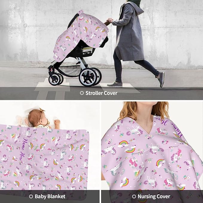 Personalized Colorful Rainbow Baby Car Seat Canopy for Babies with Name, Custom Colorful Rainbow Car Seat Covers for Baby Girls, Opening Minky Nursing Cover Infant Car Seat Canopies for Newborn