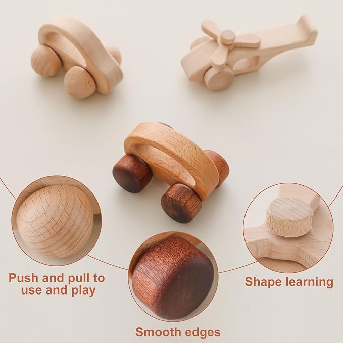 Wooden Baby Car and Airplane Toys,Wood Push Car for Toddler Montessori Baby Grip Toy Car,Gifts for Boys and Girls,Push and Pull Toy Car 3 Pieces