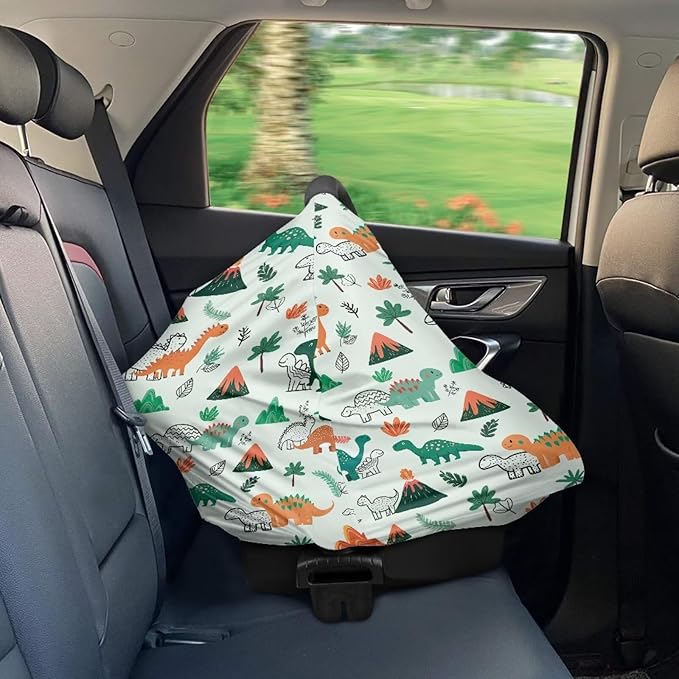 GIFTPUZZ Dinosaur Print Soft Stretch Car Seat Covers for Babies | Versatile Nursing Canopy & Breastfeeding Cover | High Chair & Shopping Cart Cover | Perfect Baby Shower Gifts for Boys & Girls