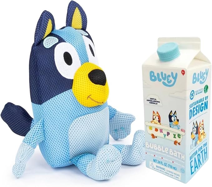 Jay Franco Bluey Bath Buddy with Fresh Berry Scented Bubble Bath Set, 24 fl oz