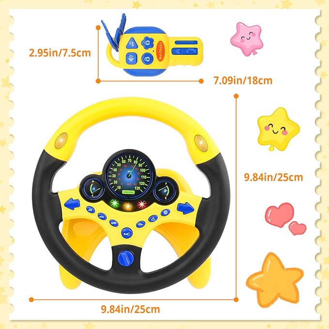 deAO Kids Steering Wheel for Backseat with Car Key Pretend Driving Simulated Driving Steering Wheel Toy with Light and Music Gifts for Kids (Yellow)