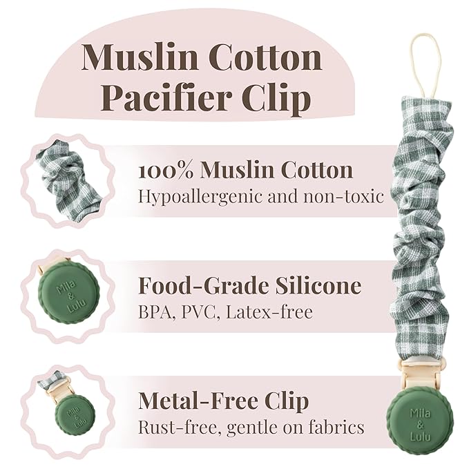Muslin Cotton - Metal-Free Pacifier Clips, Lightweight and Secure Pacifier Holder for Babies (Olive Graine) - Mila & Lulu