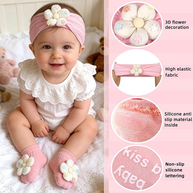 MIUXUESO Baby Girls Headbands and Socks Newborn Flower Hairbands Non-Slip Grips Socks Nylon Hair Accessories Infants and Toddlers (White, 6-12 Months)