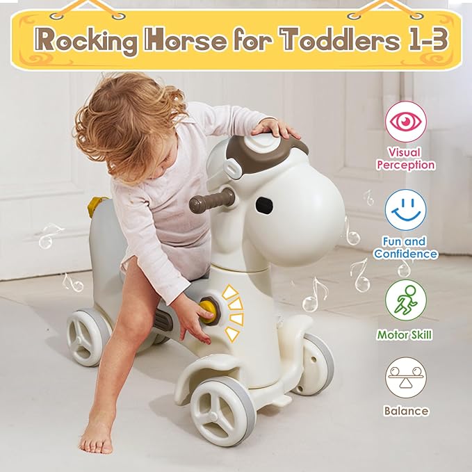 4 in 1 Rocking Horse for Toddlers 1-3 Years Old, Baby Rocking Toy Fun Birthday Gift for 1+ Kids, Ride on Toy with Guard Rails, Detachable Balance Board and Footrest with Push Handle (Brown)