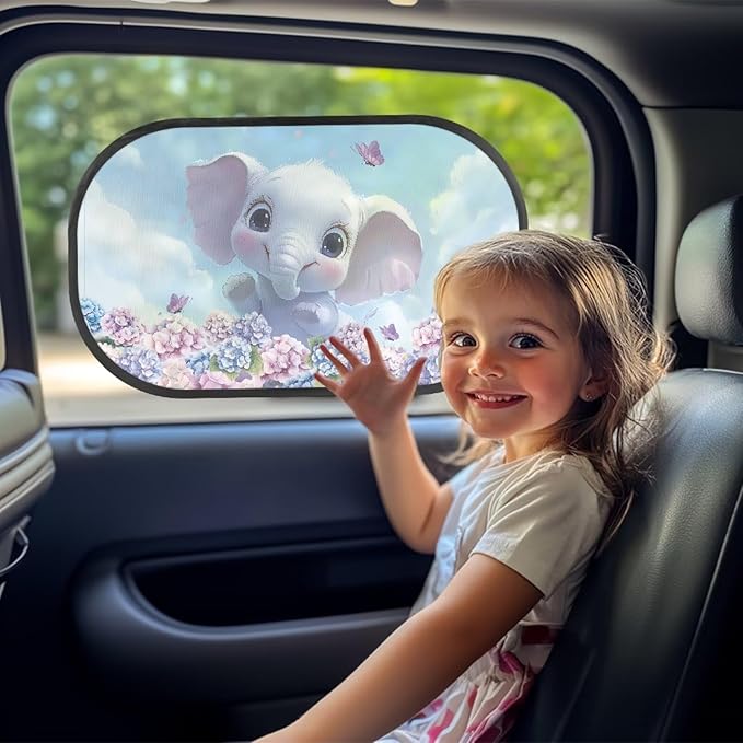 Bulopur Cute Elephant Floral Car Window Shade for Baby in Car 2 PCS UV Protection Breathable Side Window Screens Auto Interior Automotive Universal Fit Mesh Side Windshield Shades