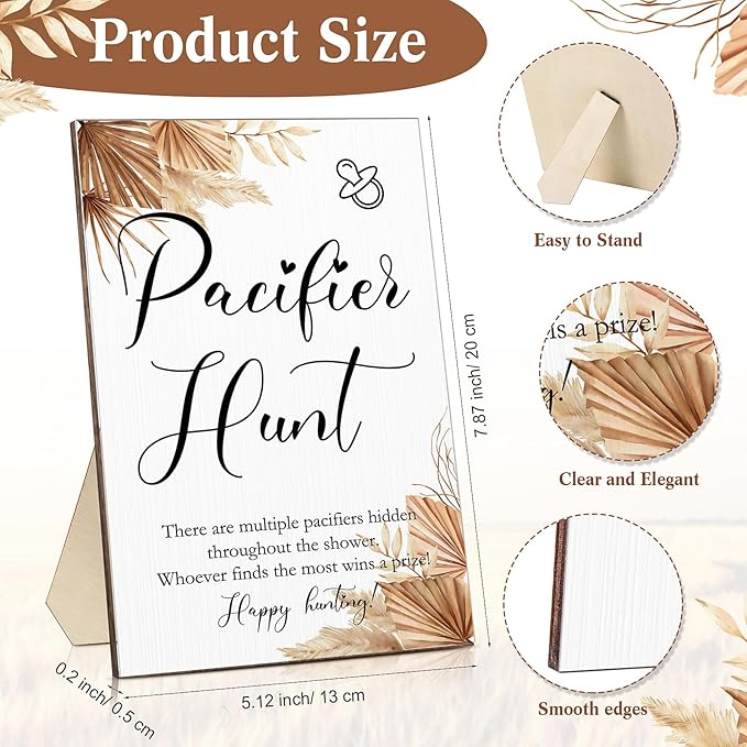 Roowest 51 Pcs Pacifier Hunt BabyShower Games Include Wooden Hunt Sign and 50 Acrylic Mini Plastic Pacifiers for BabyShower Game Decoration Gift Sets Gender Reveal Party