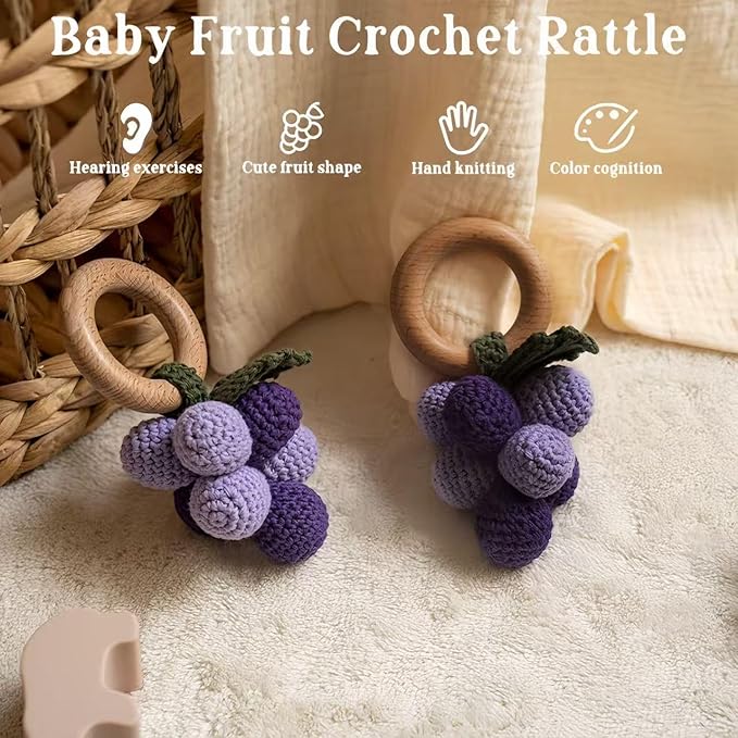 Wooden Baby Rattle Toys Stuffed Crochet Rattle with Teether Ring for Newborn Babies Fruit Wooden Teether Toy Infant Toddler Handcrafted Crochet Rattles Cute Shower Gifts for Boy and Girls