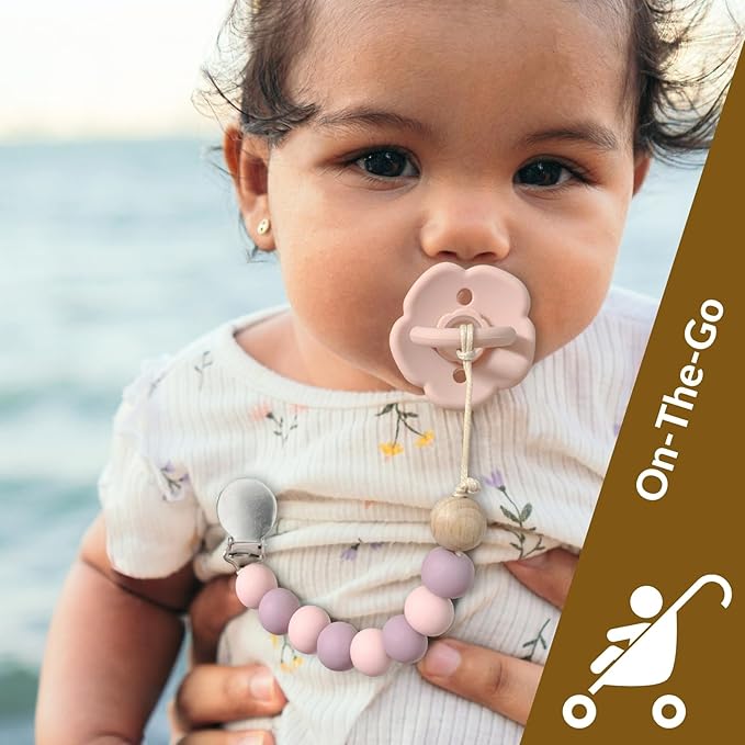 2 Pack Pacifier Clips, Silicone Pacifier Clip for Baby Boys and Girls, Baby Pacifier Strap with Silicone Beads, Soother Dummy Holder, Pacifier Holder, Keeps Pacifier Clean (Mauve/Muted)