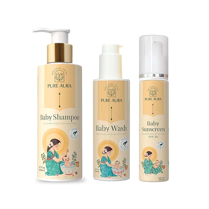 Baby's 3-in-1 Protection Kit, Ayurvedic SPF 30 Sunscreen, Tear-Free Wash and Shampoo, Natural Care for Delicate Skin