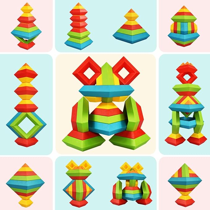 48 PCS Building Block Stacking Toys Kids 3 4 5 6 Year Old, Educational STEM Toys for Boys Girls, Developmental Learning Sensory Gifts for Birthdays
