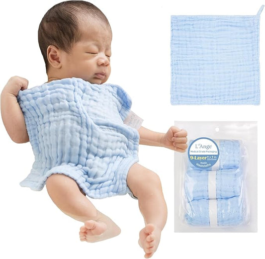 L'Ange Baby Washcloths and Burp Cloths Set - 3 Pack of 9 Layer 100% Cotton Muslin for Sensitive Skin - Super Absorbent - Medical Grade Packaging for Infants Newborns and Toddlers- 9x9 - Blue