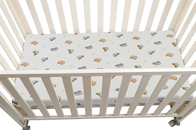 Onacosht Muslin Crib Sheets for Boys Girls, Soft Breathable 100% Cotton Baby Fitted Sheet 52" x 28" for Standard Toddler Crib Mattress, 2 Pack, Car and Solid Blue