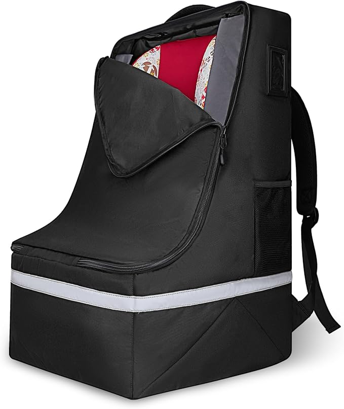 LARIPOP Car Seat Travel Bag for Airplane, Universal Gate Check Car Seat Bag, Padded Backpack with Waist Belt, Reflective Strips & Protective Feet, Fits Infant Convertible Booster Seats, Black