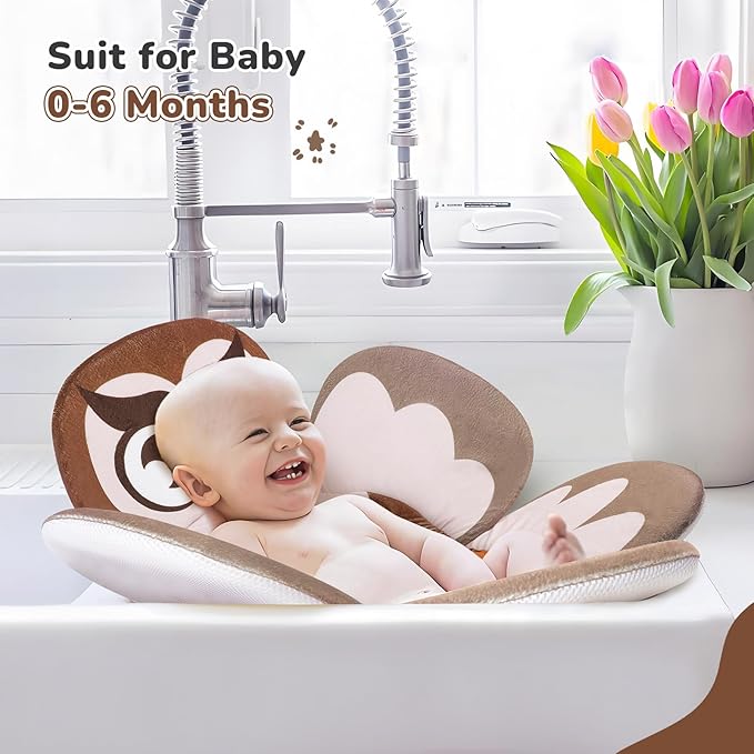 YooxArmor Baby Bath Pad for Infant Bathtub Sink, Non-Slip Flower Bathtub for Infants 0-6 Months, Soft Baby Sink Bath Cushion for Babies Bath Time, Newborns Bath Essentials Must Haves-Owl