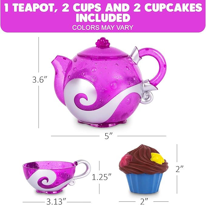 Princess Tea & Treats Water Toy Set - Girls Bath & Pool Tea Party Playset - Teapot, 2 Tea Cups, and 2 Silicone Cupcakes That Spray Water - Water Safe Toys - Toddler Summer Princess Party Favor & Decor