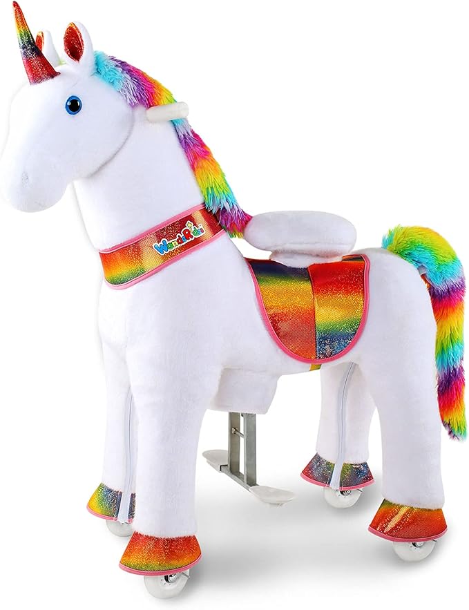 WondeRides Ride on Unicorn Horse Toys Pony Rider Rocking Horse with Wheels, 30.1 inch Height Plush Walking Animal Mechanical Riding Pony No Battery (Rainbow, Size 4 for Age 4-9)