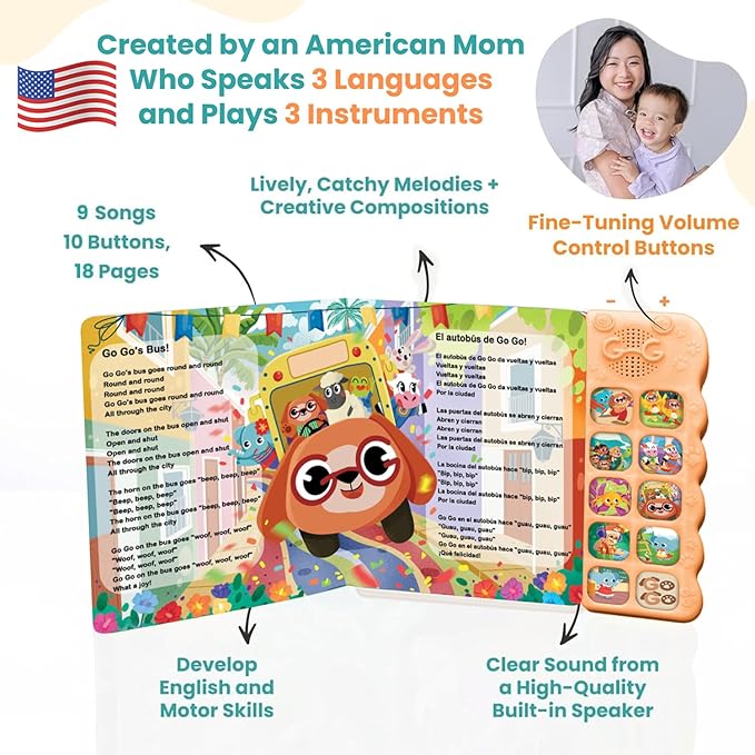 GO GO Spanish Musical Book Vol 3: 9 English and Spanish Books for Kids, Bilingual Toys for Toddlers 1-3, Learning Toys for Toddlers 1-3, Libro Interactivo para Niños