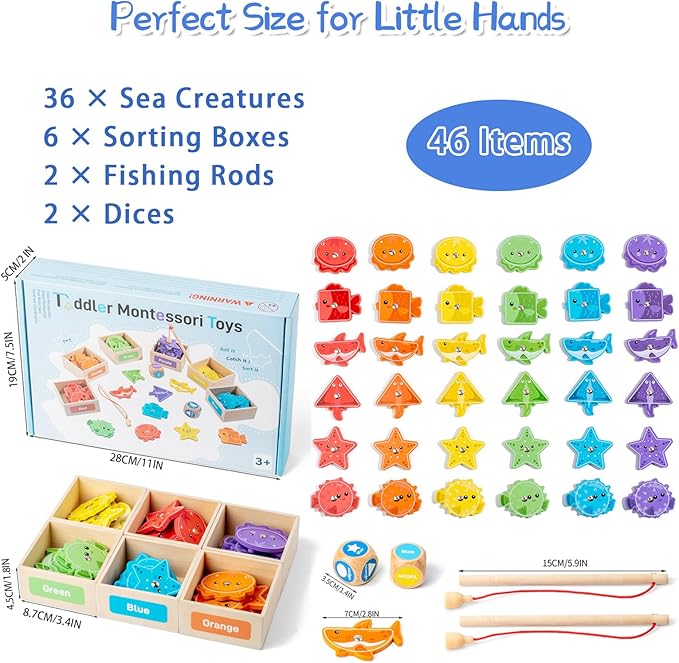 Montessori Fishing Game for Toddler 1-3,Wooden Magnetic Fishing Game,Early Educational-Shape & Color Sorting Toy for Kid 3-5,Preschool Learning Fine Motor Skill,Classroom Matching Activity