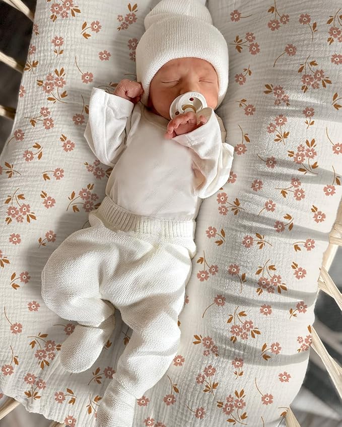 Muslin Baby Lounger Cover 2 Pack, Soft Breathable Newborn Lounger Pillow Cover for Boys Girls Infant (Flower E & Pink)