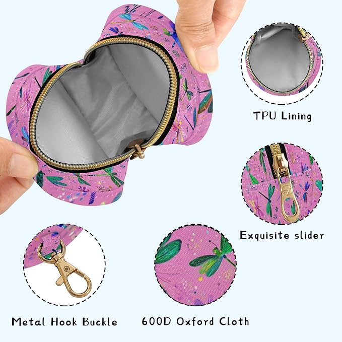 Pacifier Holder with Clip Pacifier Case for Diaper Bag Round Baby Pacifier Pouch Box Bag Portable Deep Pink Dragonflies and Leaves