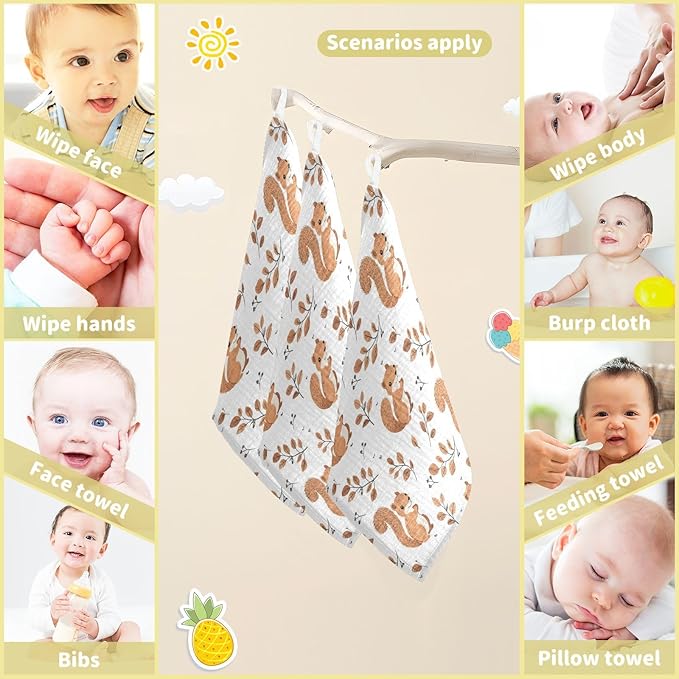 vvfelixl Cute Squirrel with Tail Baby Burp Cloths Baby Muslin Washcloths for Boys Girls Cotton Babys Face Towel for Newborn Infants Soft and Absorbent 11.8 X 11.8 in, 5 Pack