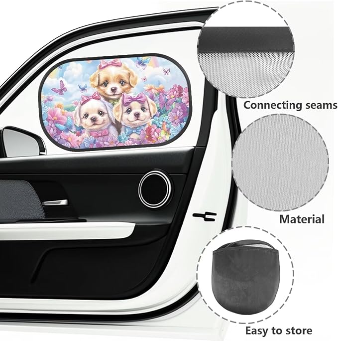 Bulopur 2 PCS Car Window Shades for Side Window UV Protection Floral Dog Puppy Side Window Sunshade Easy to Install Mesh Car Windshield Covers Universal Auto Interior Accessories Decoration