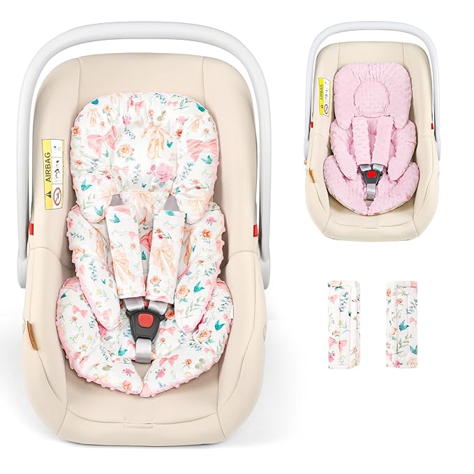 GFU Infant Car Seat Insert Head and Body Support, Reversible Newborn Insert for Carseat with Strap Pads, Soft Stroller Cushion Pillow Insert for Boys and Girls, Fits for Stroller, Swing, Pink Bow
