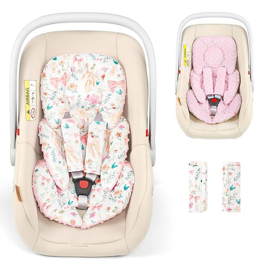 GFU Infant Car Seat Insert Head and Body Support, Reversible Newborn Insert for Carseat with Strap Pads, Soft Stroller Cushion Pillow Insert for Boys and Girls, Fits for Stroller, Swing, Pink Bow