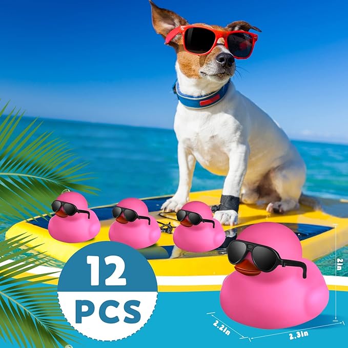 Chivao 12 Pcs Rubber Ducks with 12 Sunglasses/ Hats/ Headwear Small Mini Carnival Cruise Birthday Rubber Duckies Bathtub Toys in Bulk(Fresh Style,Black, Pink)