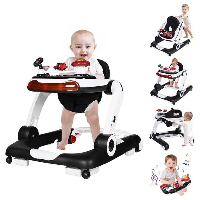 Kinder King Baby Walker with Music & Lights, 5 in 1 Baby Activity Walker with Wheel, Adjustable Height & Seat, Learning-Seated & Toddler Walk-Behind, Safety Bumper, Infant Walker Anti-Rollover, Black