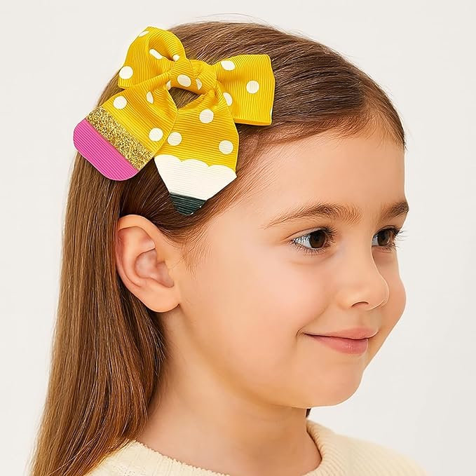 YKW Yellow Polka Dot Pencil Hair Bow Clip for Girls - Cute School Themed Grosgrain Ribbon Accessory with Secure Metal Fastener - First Day Teacher Gift - 3.9 Inch
