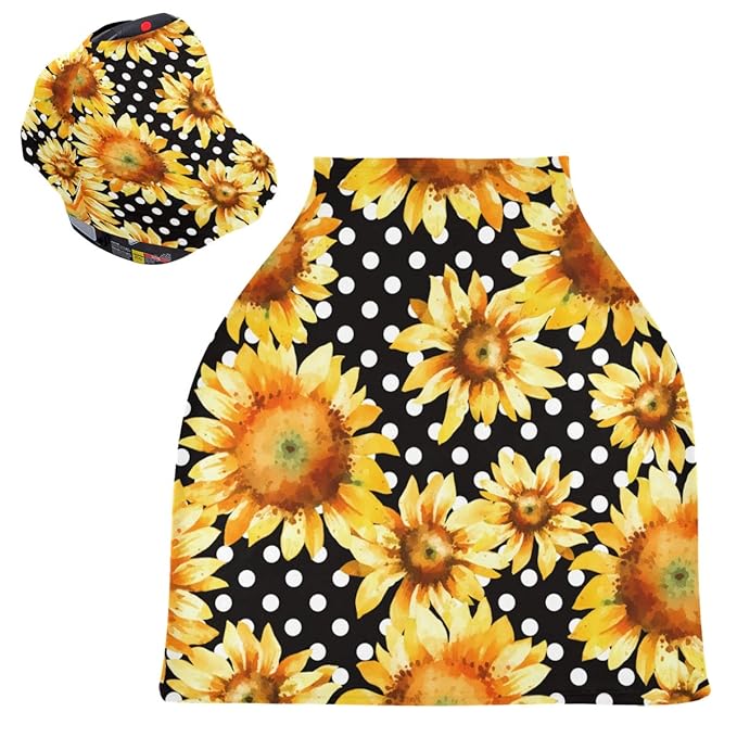 Sunflower Floral Polka Dot Baby Car Seat Covers, Nursing Cover Breastfeeding Scarf Soft Breathable Stretchy Coverage, Infant Stroller Cover for Boys Girls