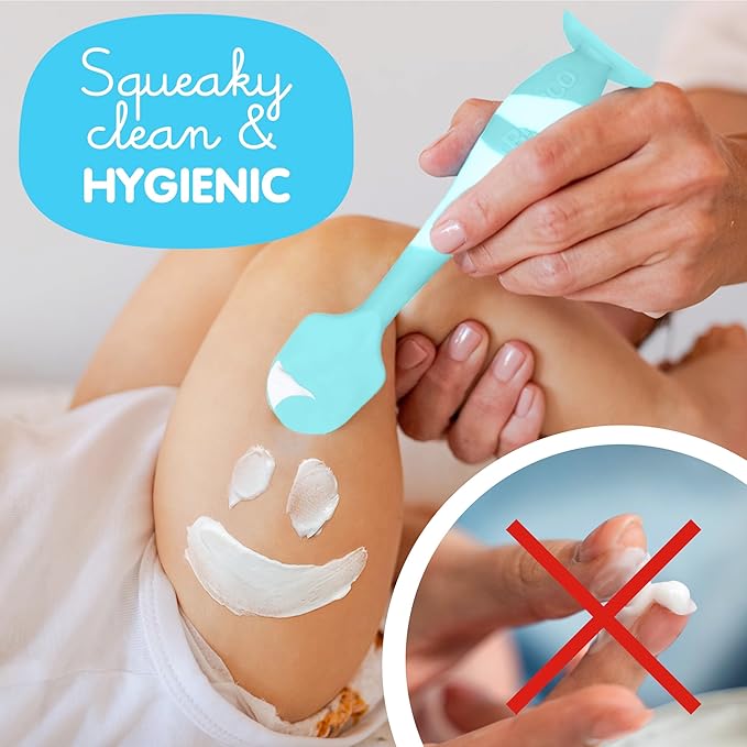 Bumco Baby Bum Brush + Mini Baby Diaper Cream Spatula with Case - BPA-Free Silicone Diaper Spatula with Suction Cup, Wipe-Clean, Mom-Invented Butt Paste Applicator (Aqua Swirl & Gray)